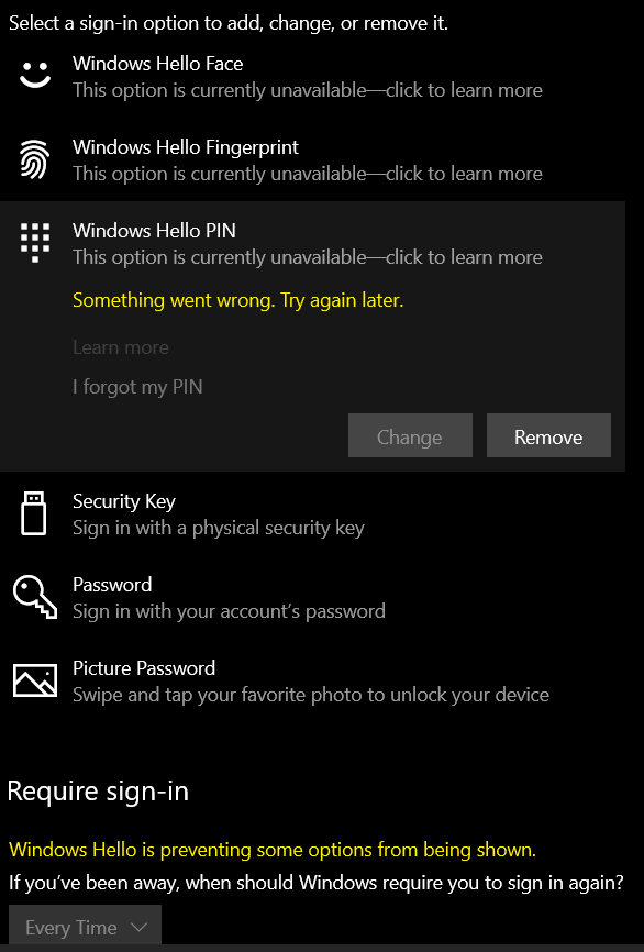 Windows Hello Not Allowing To Change Pin And Add/remove Fingerprint - Microsoft Community