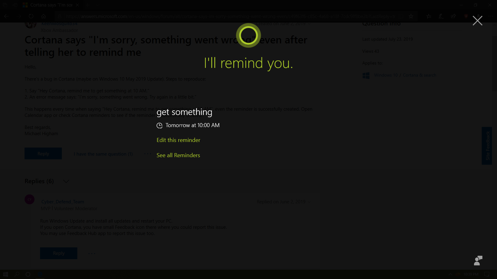 Cortana Says I M Sorry Something Went Wrong Even After Telling Her Microsoft Community