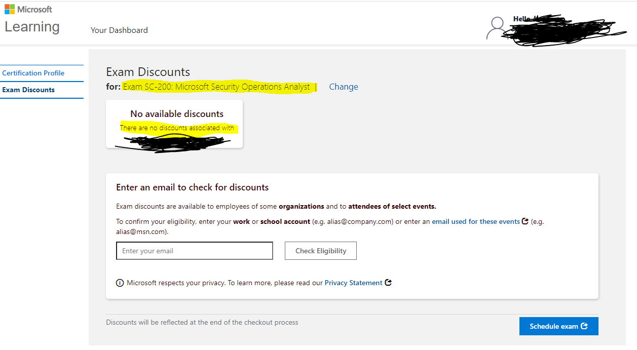 Not able to claim my exam code for SC-200 - Training Sns-Brigh10