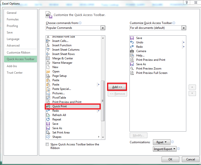 How do I set up a Quick Print icon in my Excel 2016 (part of Office ...