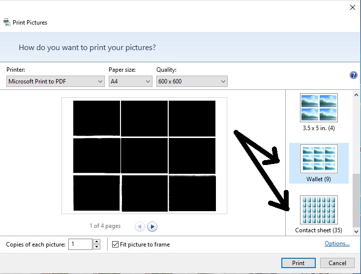 What are the sizes of pictures in Wallet size and Contact Sheet print - Microsoft Community