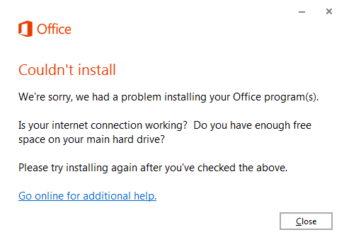 Unable to install Office 365. Error: Couldnt Install Office. - Microsoft  Community