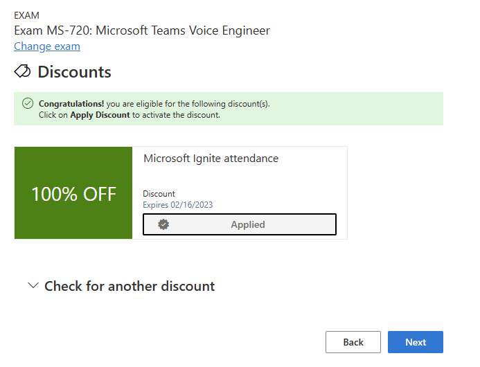 Unable to apply 100% off discount for MS-720: Microsoft Teams - Training,  Certification, and Program Support