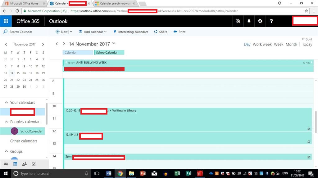 Calendar search not working online or with Outlook app through