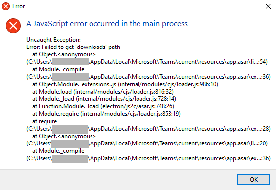 A JavaScript error occurred in the main process. Uncaught