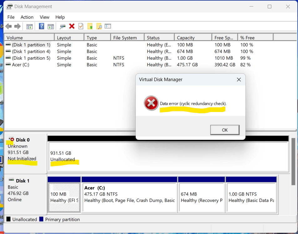 m.2 nvme not initialized, cyclic redundancy check - Microsoft 