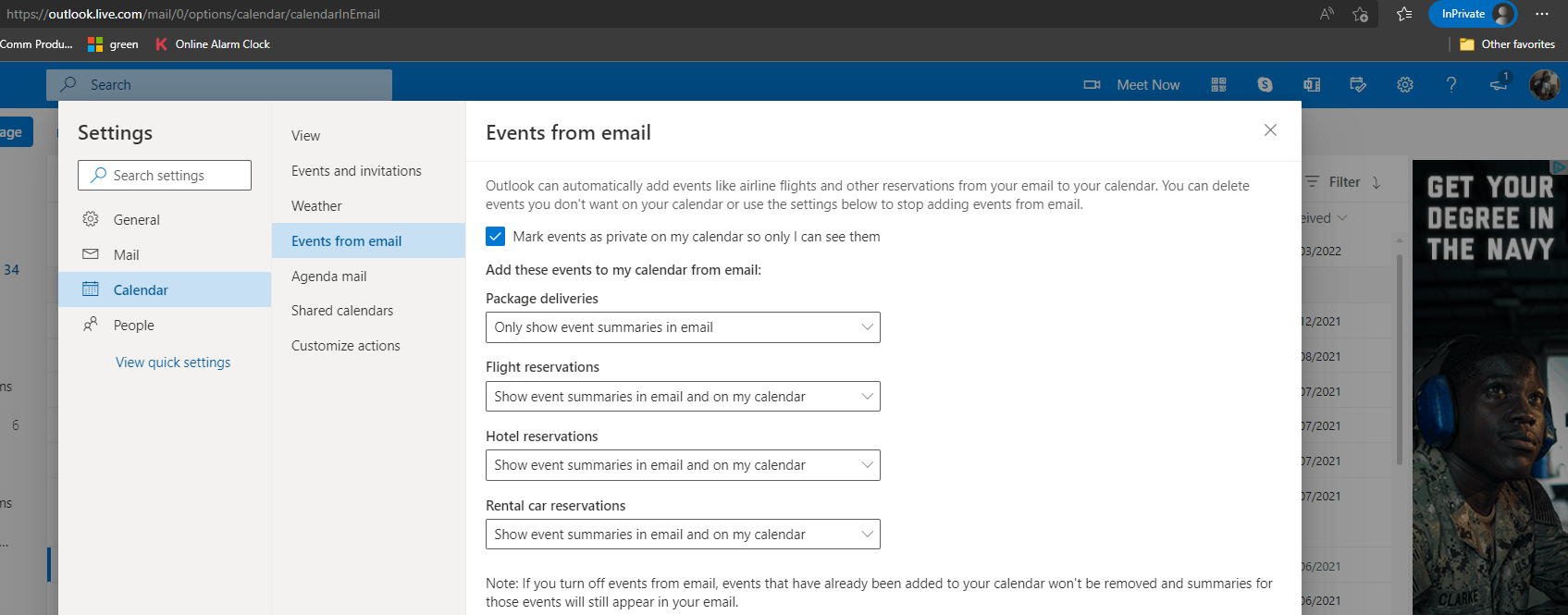 Outlook Calendar settings for "Events from email" is blank/unavailable