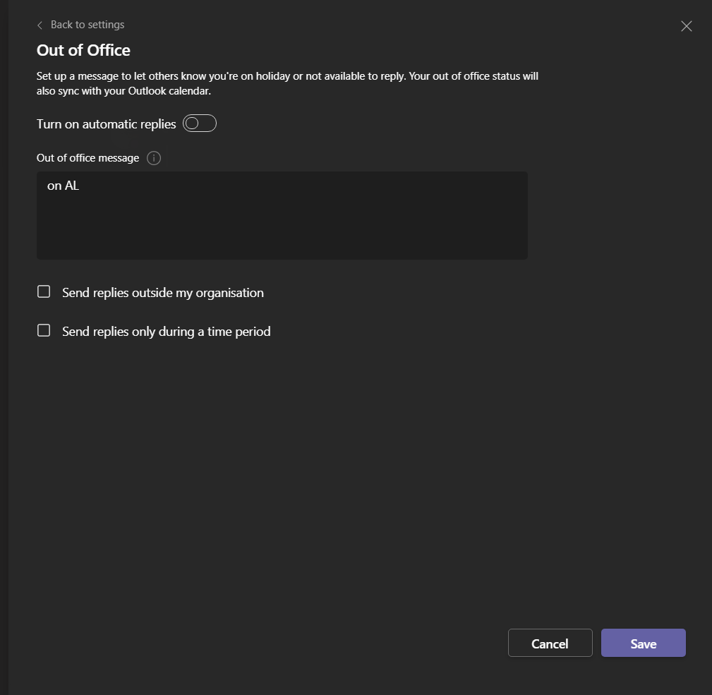 Out of Office Status without Custom Message - Microsoft Community