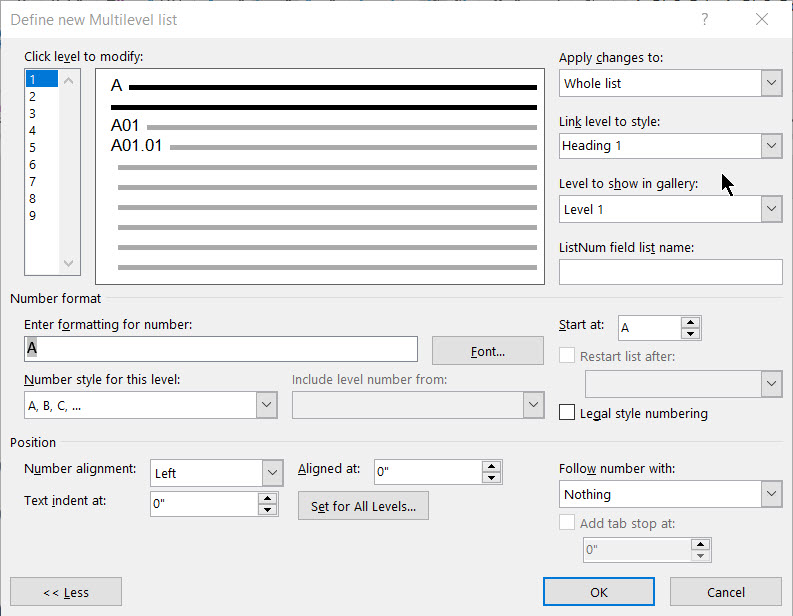 Outlook 365 Pro: How to define MultiLevel List: Level 1 numbered but ...