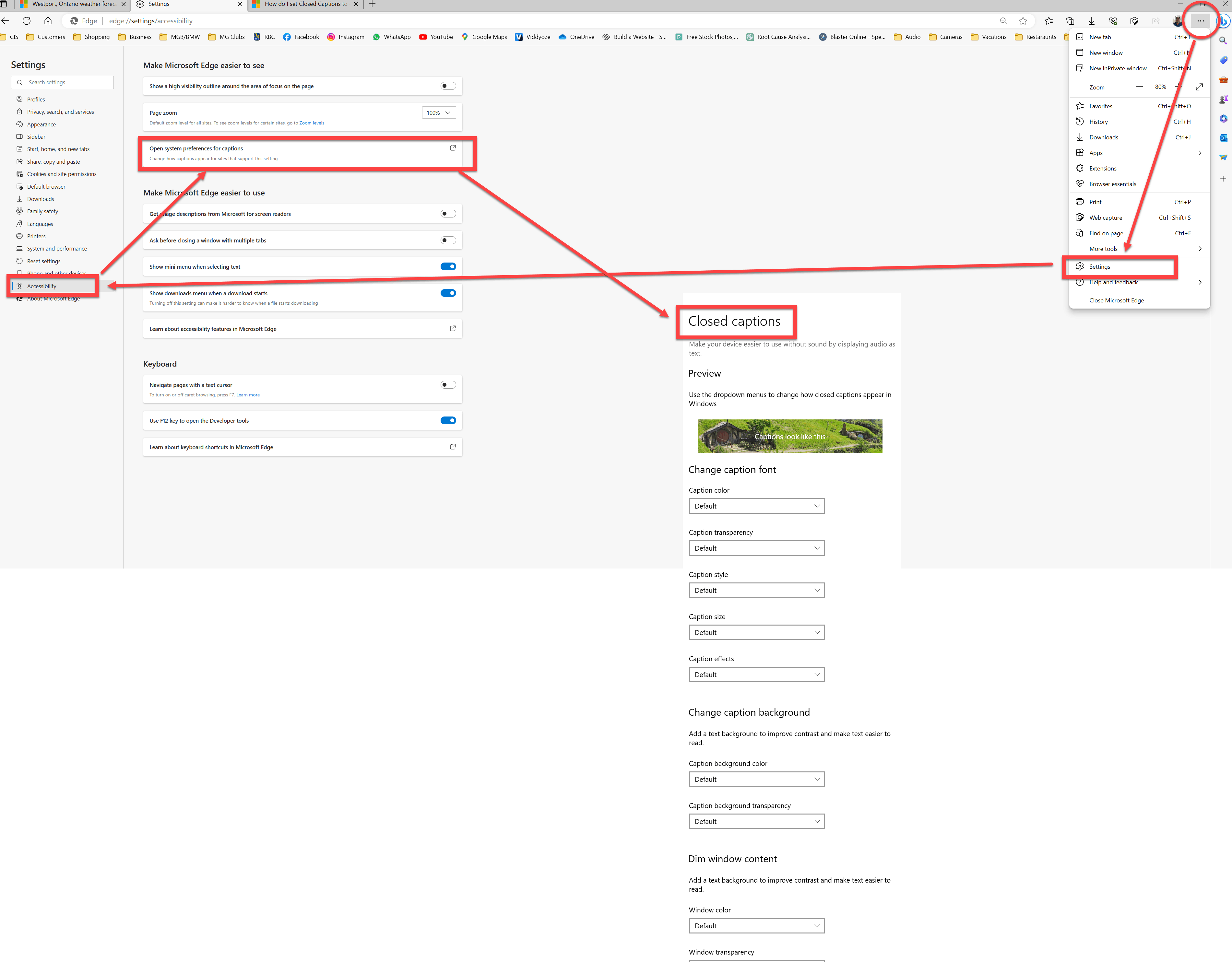 How do I set Closed Captions to default off in edge browser