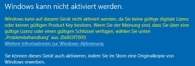 Windows 10 pro Aktivierung nach Umbau der Systemplatte in anderen Rechner schlägt fehl