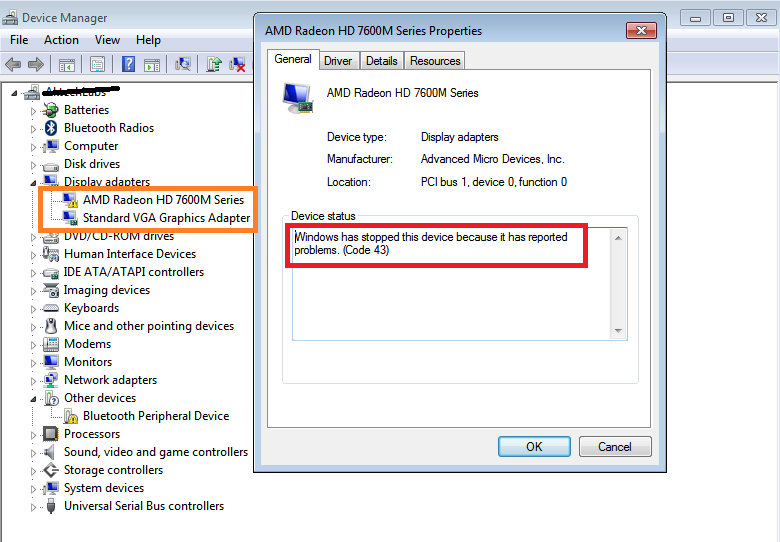 AMD Radeon HD 7600M Series not working Error Windows has stopped