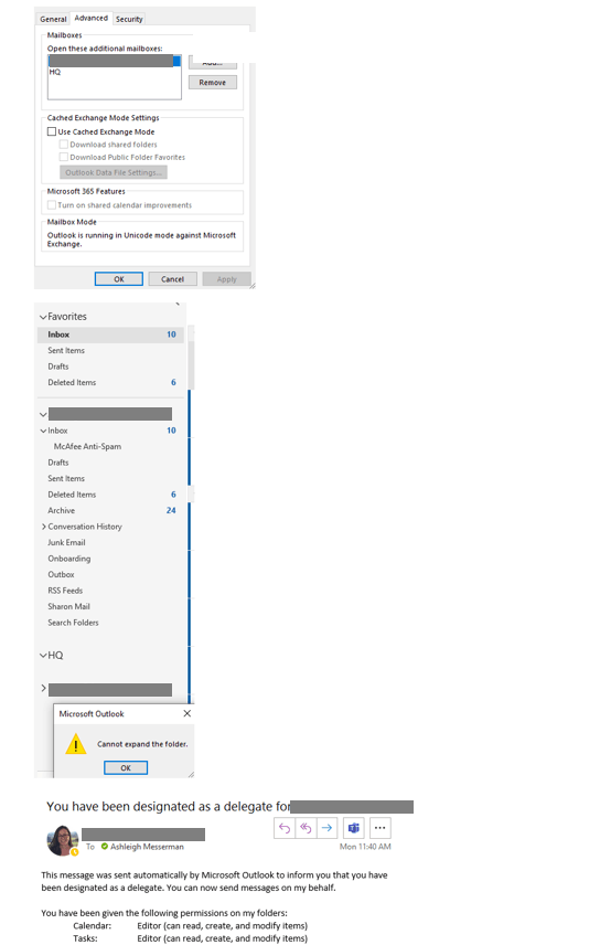 cannot expand the folder for delegate mailboxes microsoft community