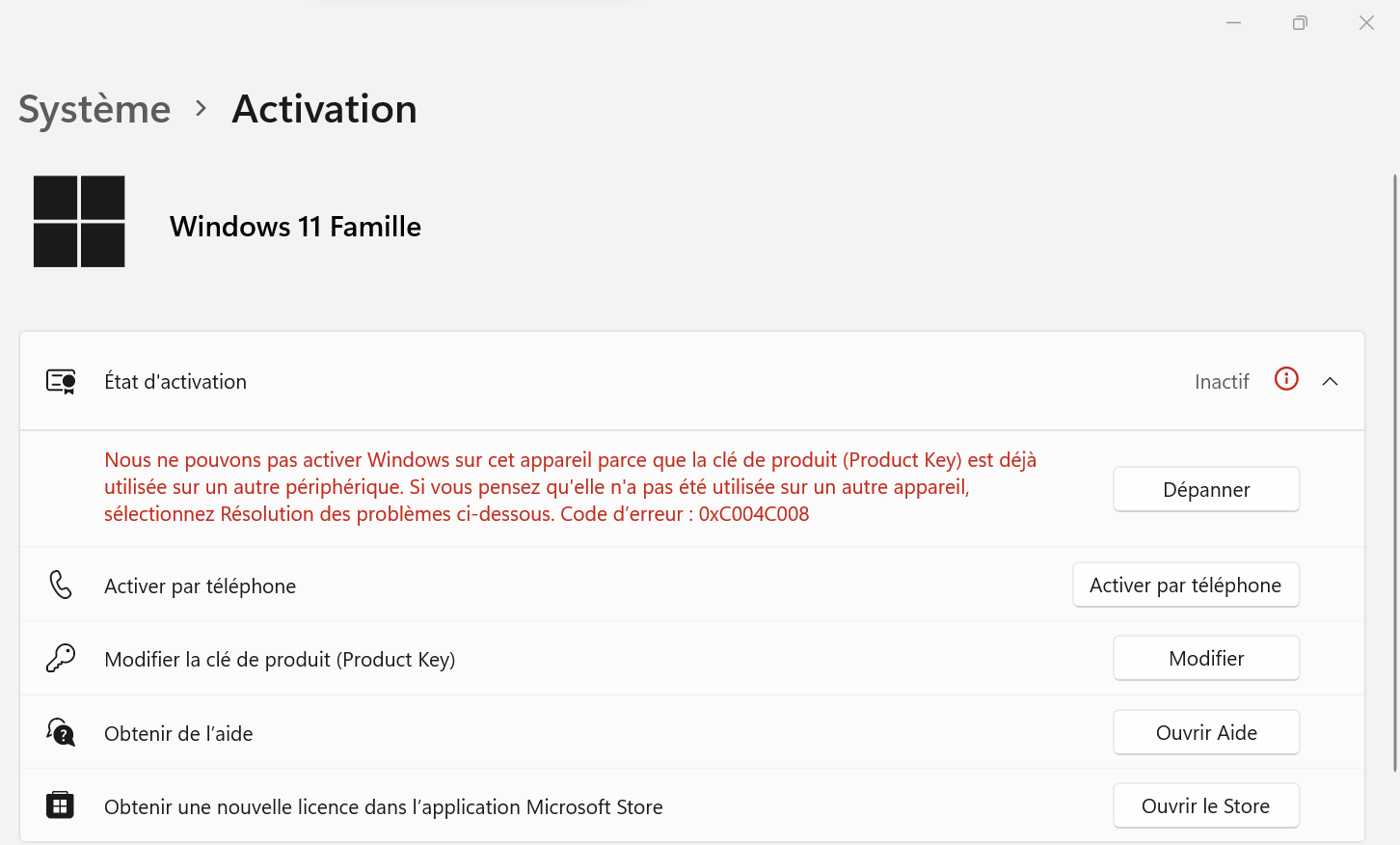 Erreur activation windows 11: Clé de produit déjà utilisé sur un