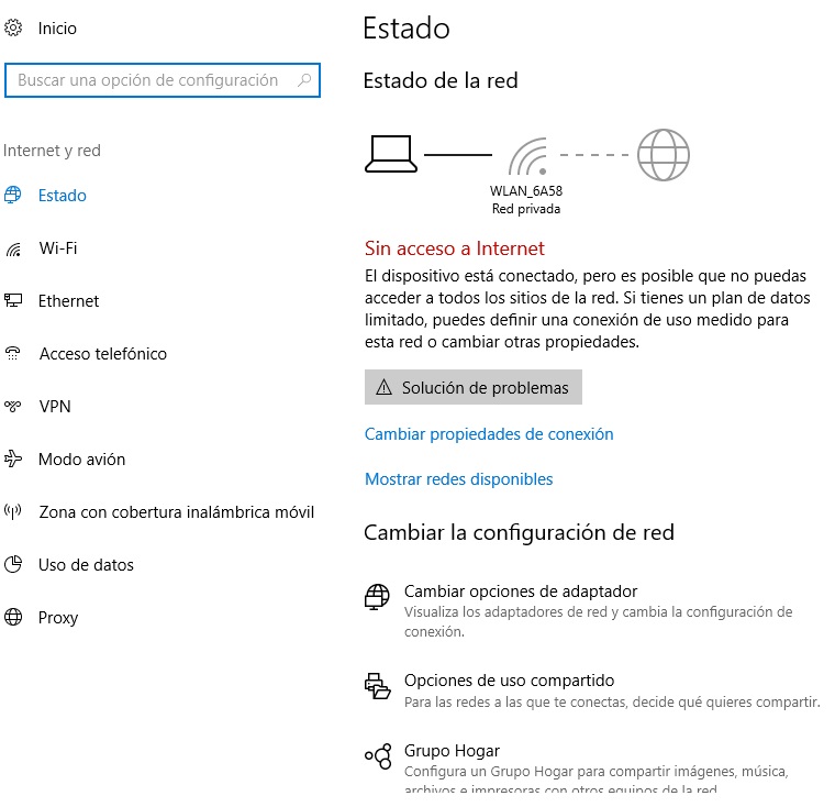 Sin acceso a internet windows 10