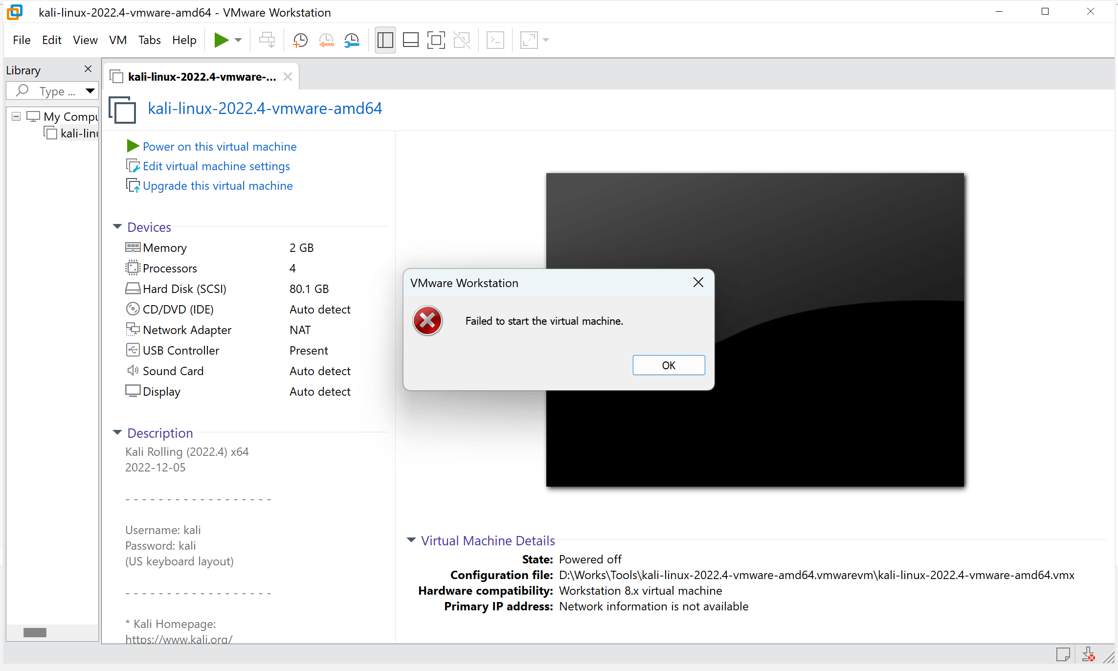 Failed To Start The Virtual Machine