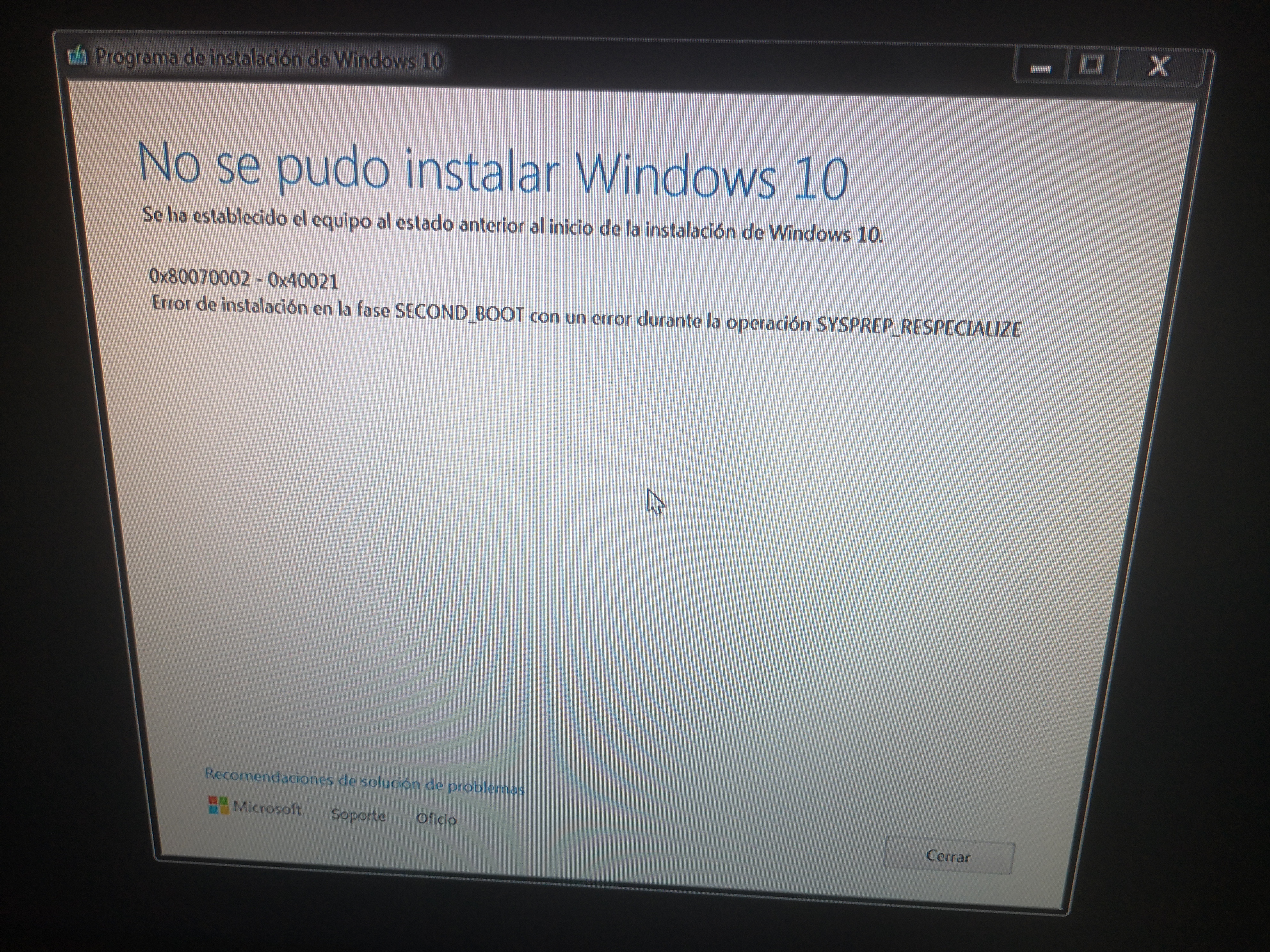 Error De Actualización 0x80070002 0x40021 Windows 10 Microsoft 7222