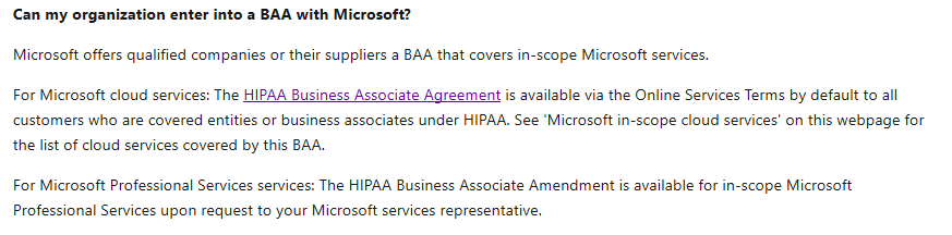 HIPAA and BAA - Microsoft Community