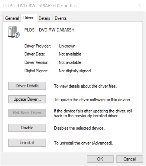 No Detect Driver DVD-RW PLDS DA8A6SH - Microsoft Community