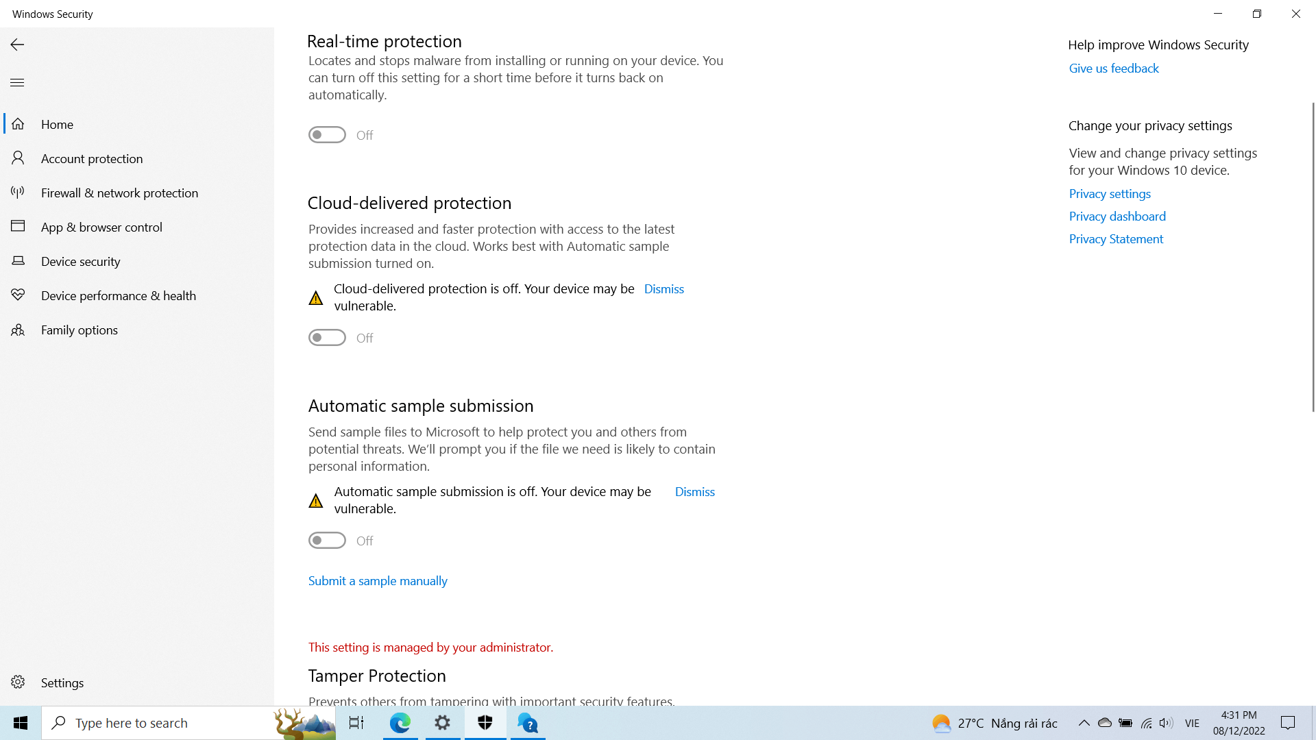 virus and threat protection page not available - Microsoft Community