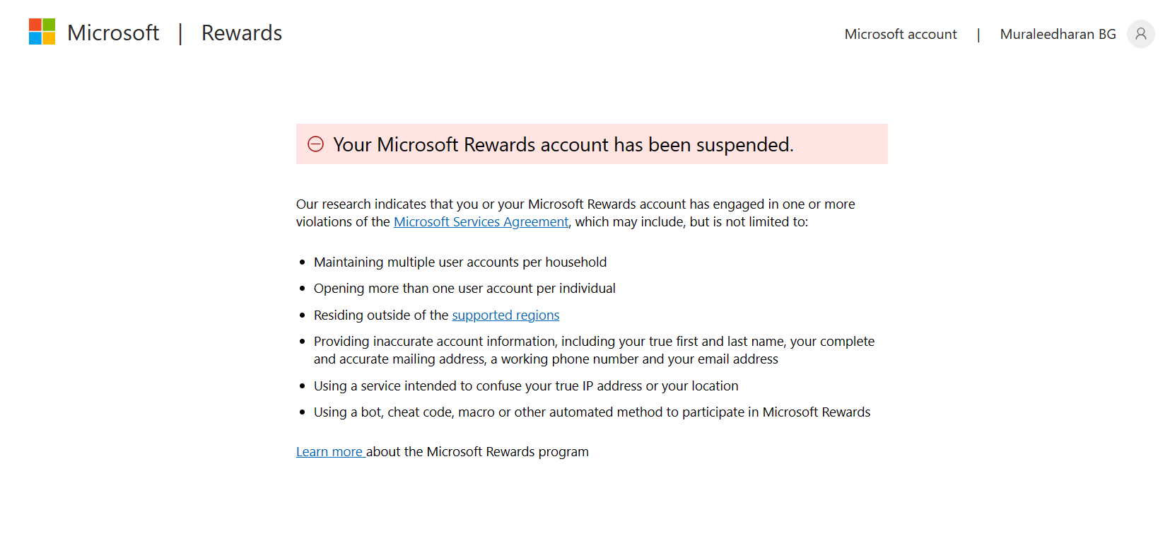 Microsoft Rewards Account Has Been Suspended - Microsoft Community