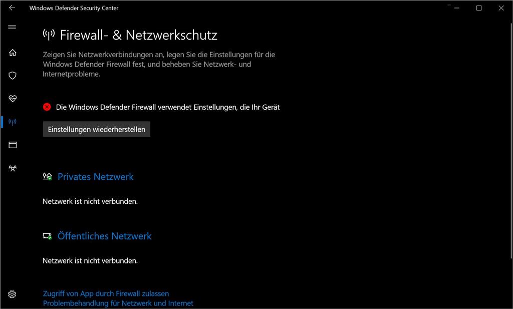 Problem mit Firewall-Status von Windows Defender