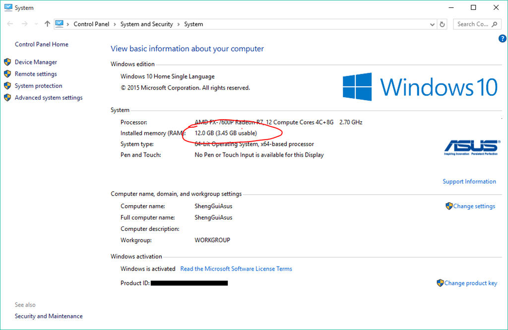 12GB RAM installed only usable 3.45GB Windows 10 64bit Community