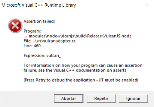 Microsoft Visual C++ Runtime Library (Vulcanadapter.Cc, Line:460.