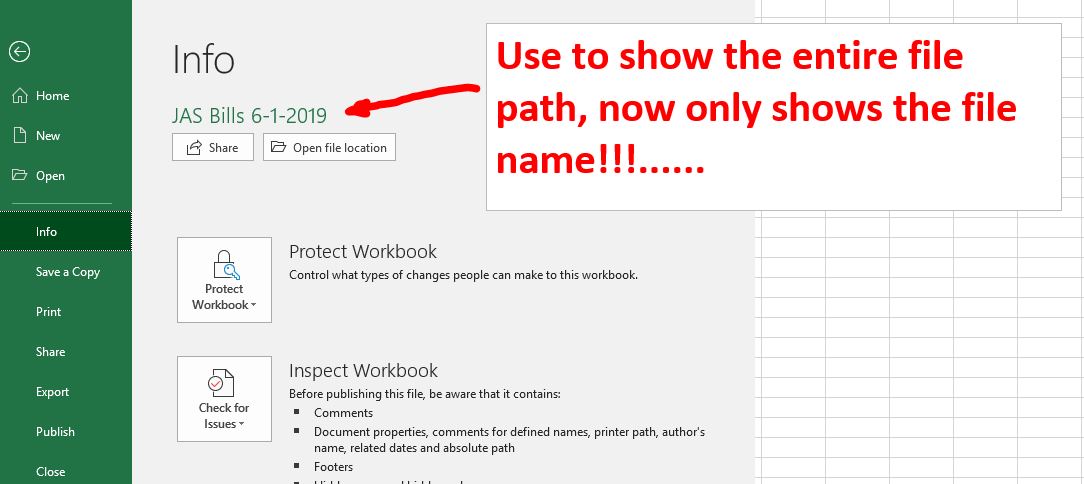 File Button On Ribbon For Info Tab No Longer Shows File Path Only File Microsoft Community