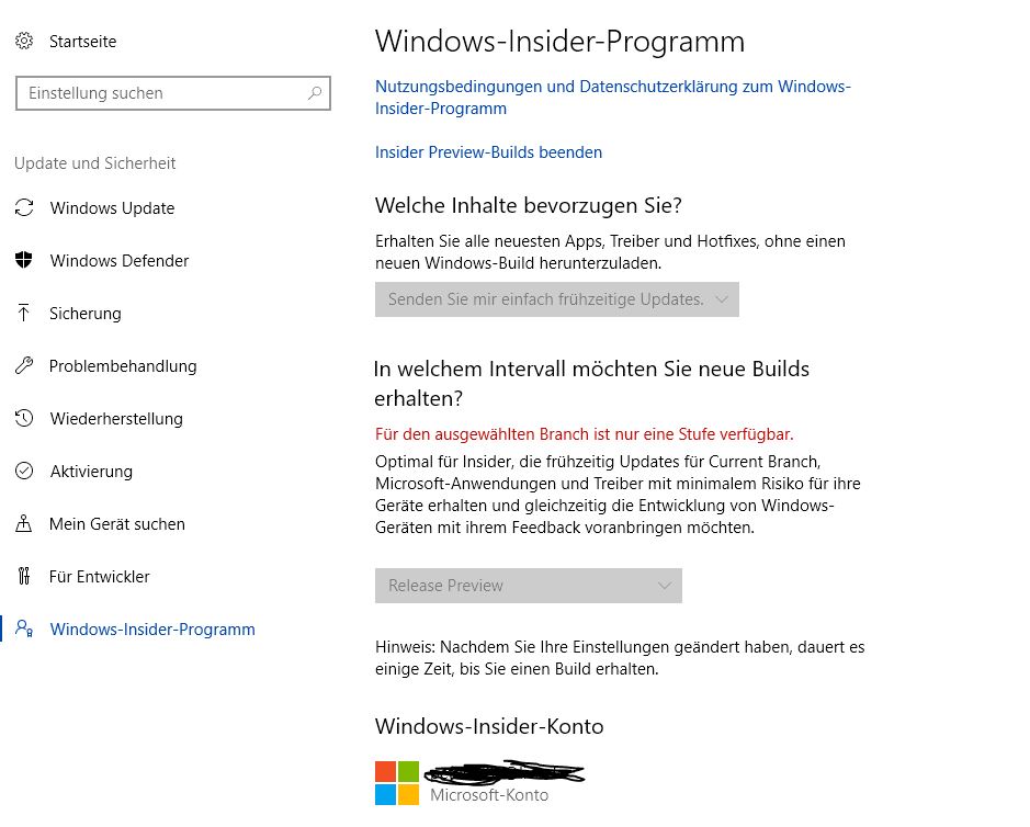 Erhalte keine Insider Previews (Branch)