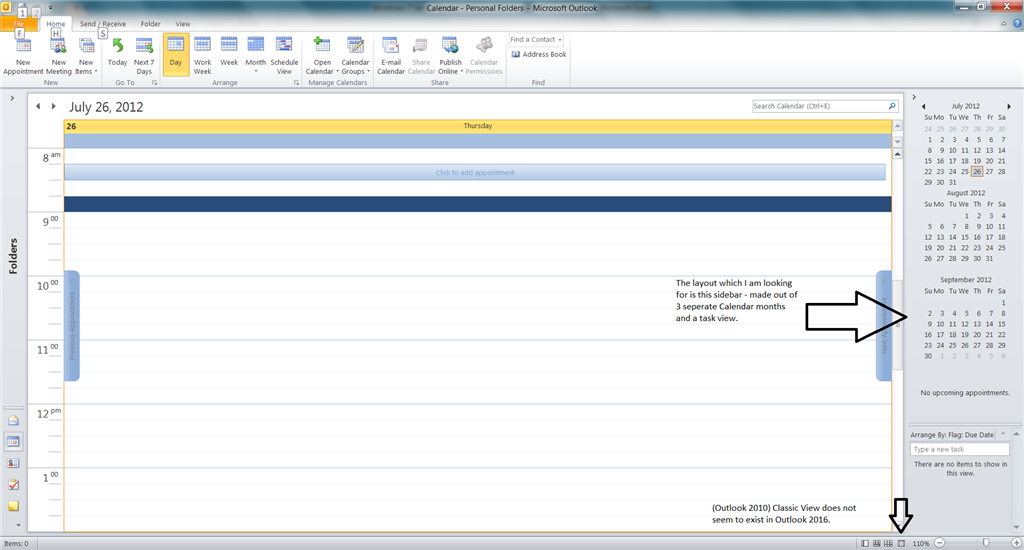 Outlook 2016 Calendar "Classic View" sidebar on the right Microsoft