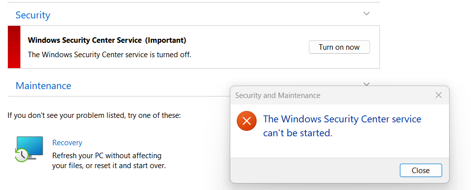 How Do I Turn On Re-install Windows Security Center Service, When 