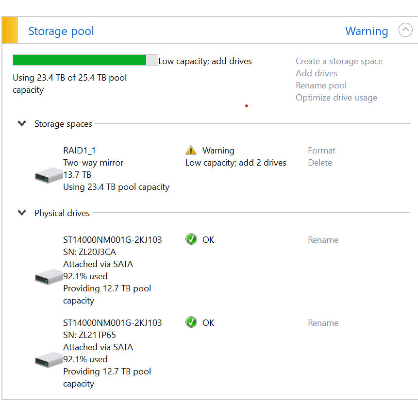 Windows Storage Spaces showing warning - Microsoft Community
