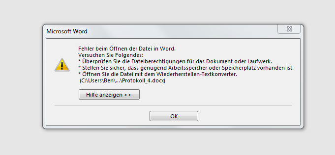 Word 2016 Fehler Beim Offnen Der Datei In Word