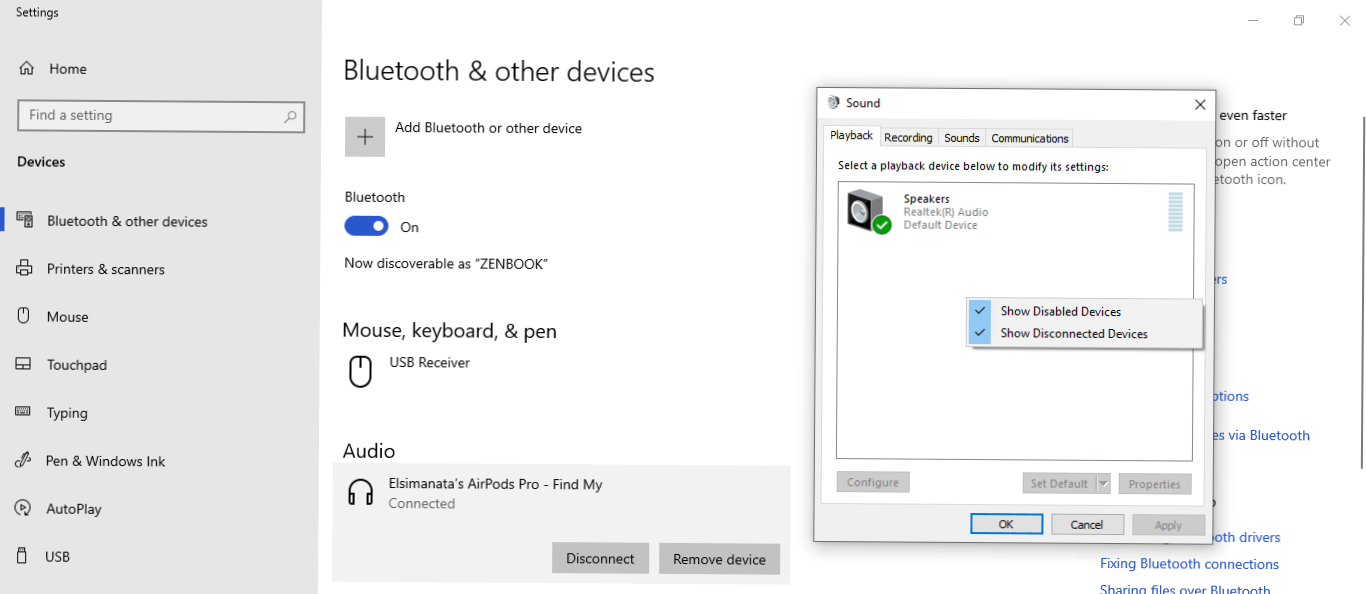 Airpods Wireless audio device is connected but not listed as