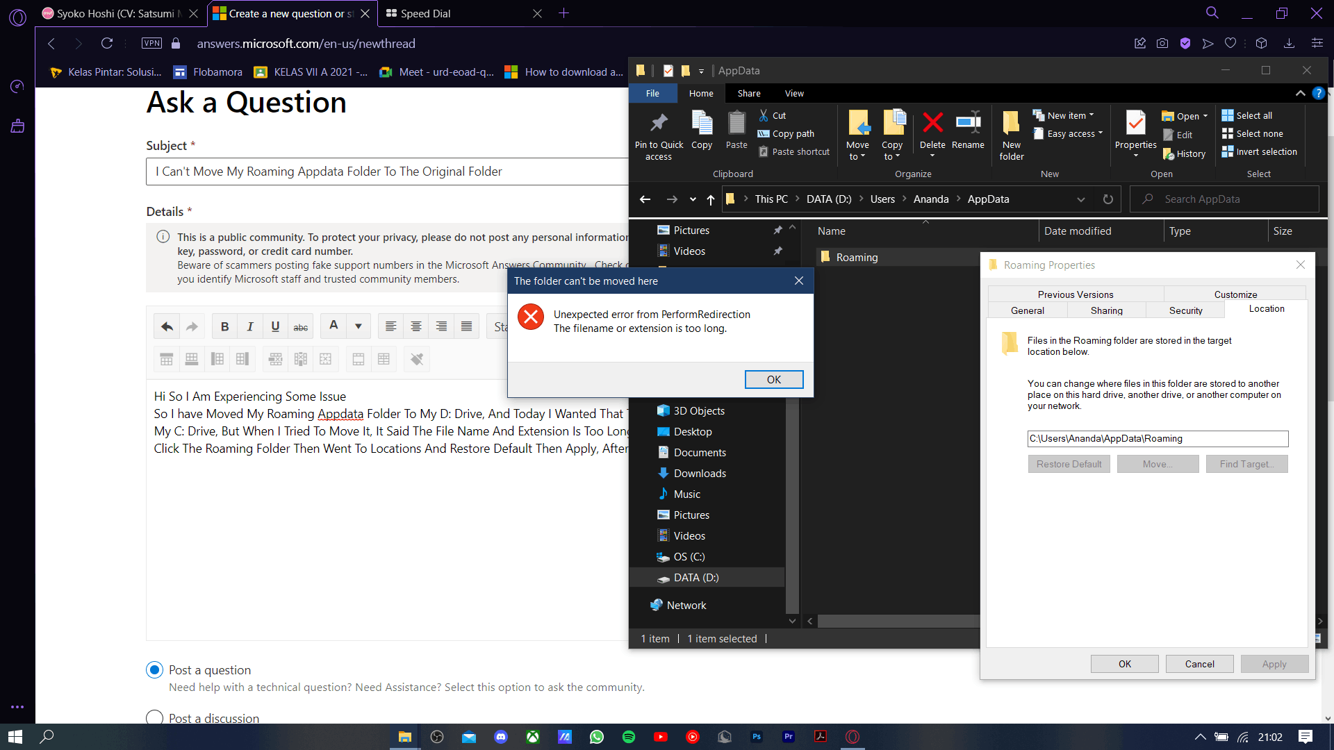 I Can T Move My Roaming Appdata Folder To The Original Folder Microsoft Community