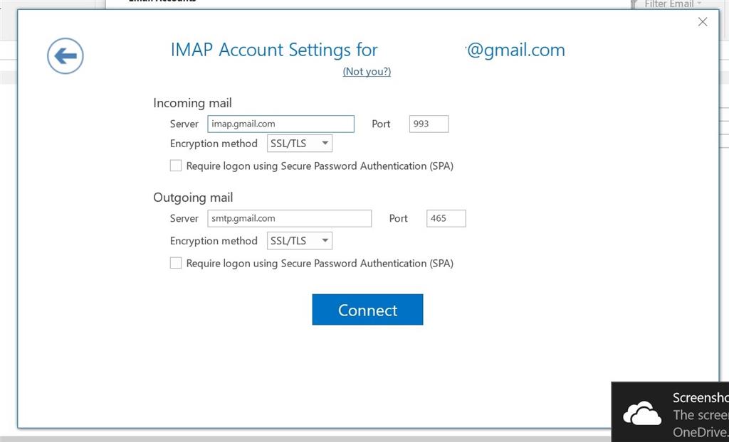 gmail imap settings outlook 2016 windows 10