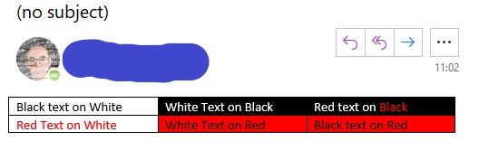 Outlook is changing the text colour in coloured table cells