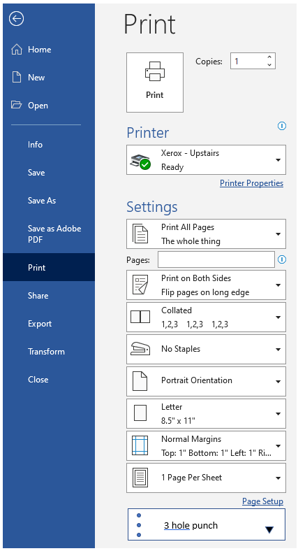 Add 3 hole punch option drop down to my Word Print settings
