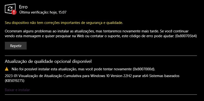 Está dando erro para baixar a atualização - Microsoft Community