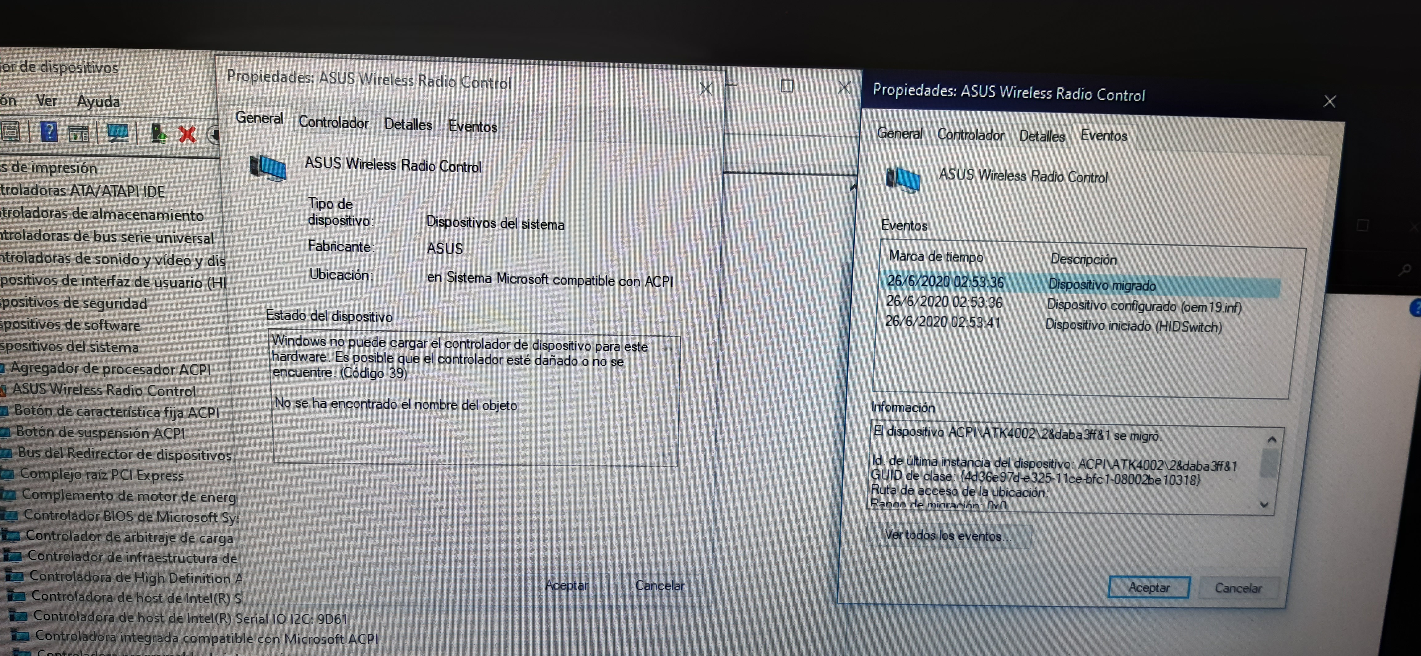 Dispositivo Asus wireles radio control migrado error 39 : Windows -  Microsoft Community