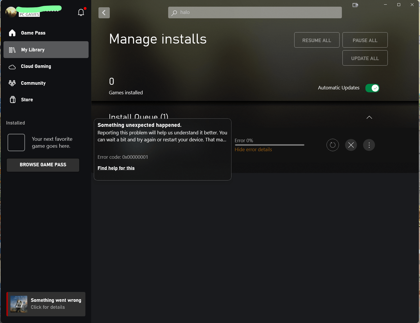 How to fix Game Pass Error 0x00000001 Can't install games.
