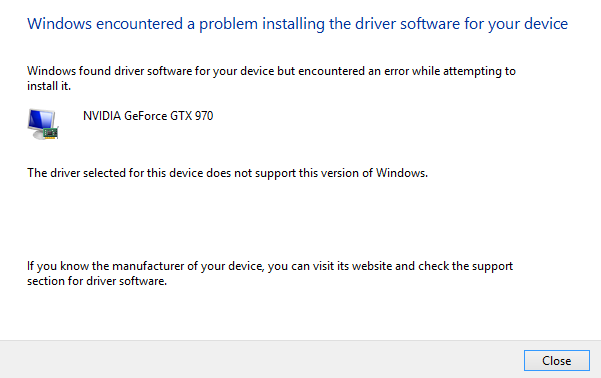 Video Card driver Install error Windows 10 Nvidia GTX 970