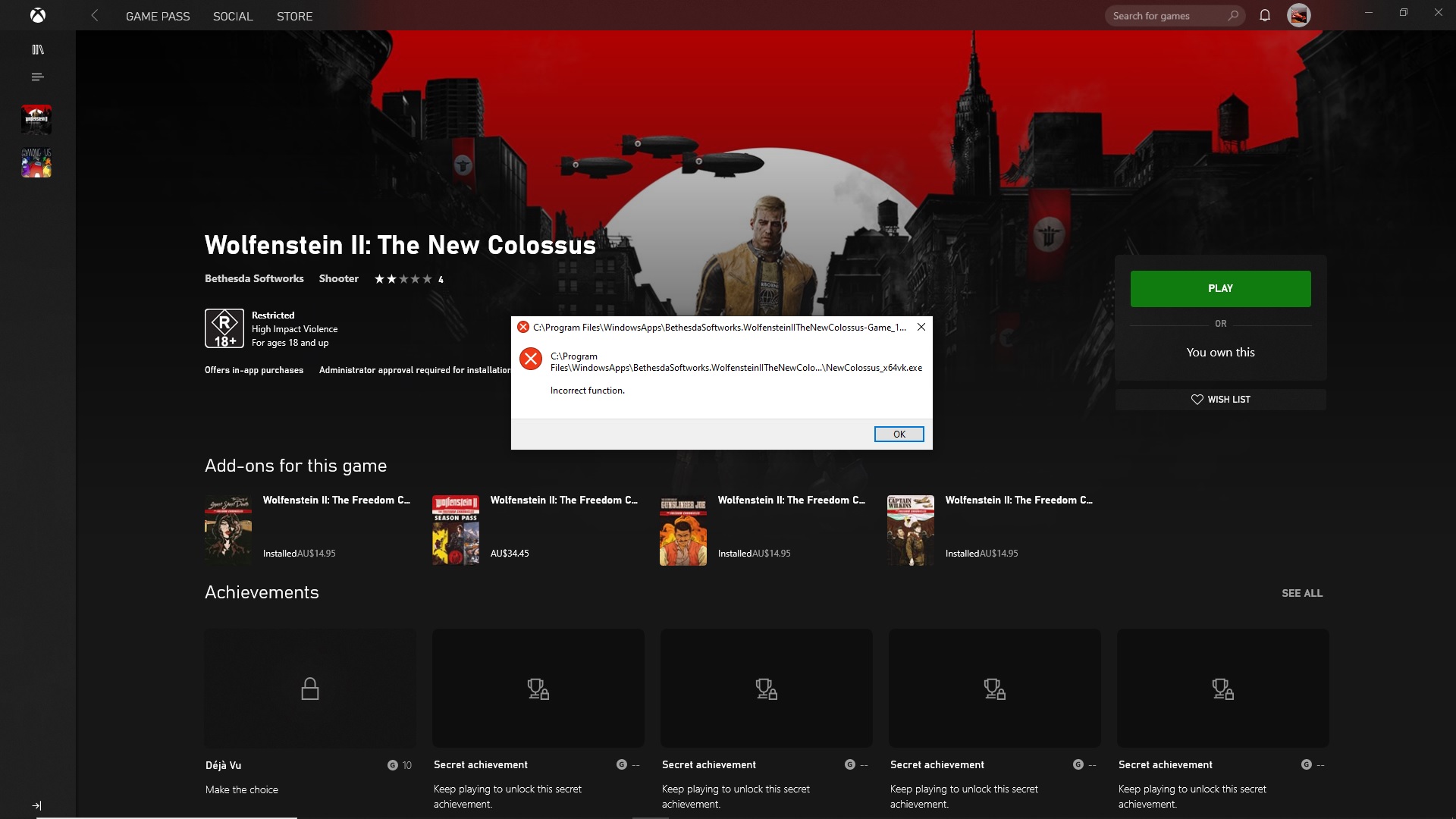 Got xbox game pass for PC and unable to download Wolfenstein II