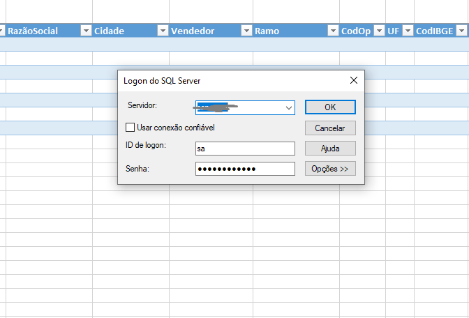 Como resolver problema de login do sql em uma planilha de excel ...