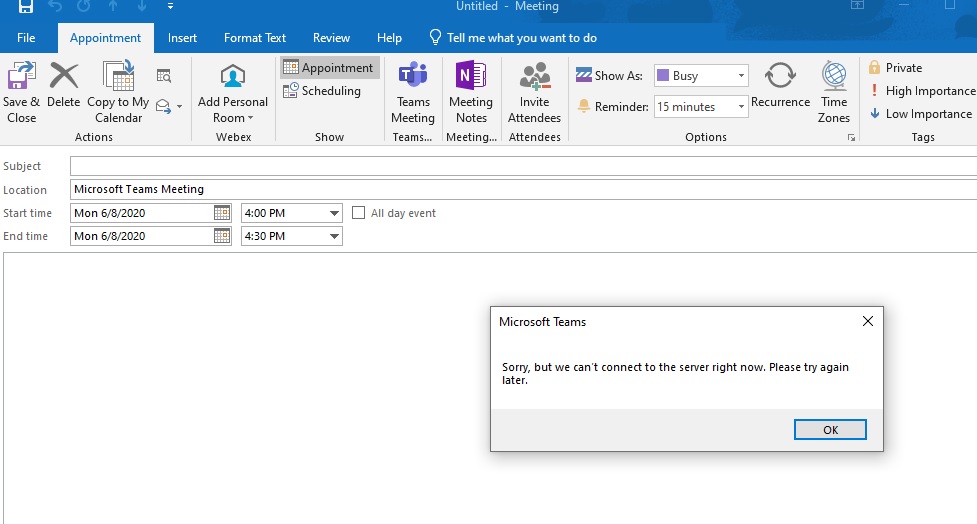 Problem with outlook setting meeting with Team aaps Microsoft Community