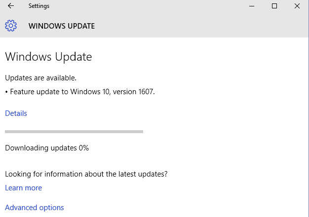 Windows 10 Update 1607 Stuck