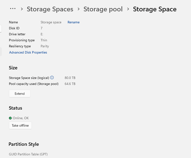 Storage Spaces now RAW format on 60TB of Parity using Storage 