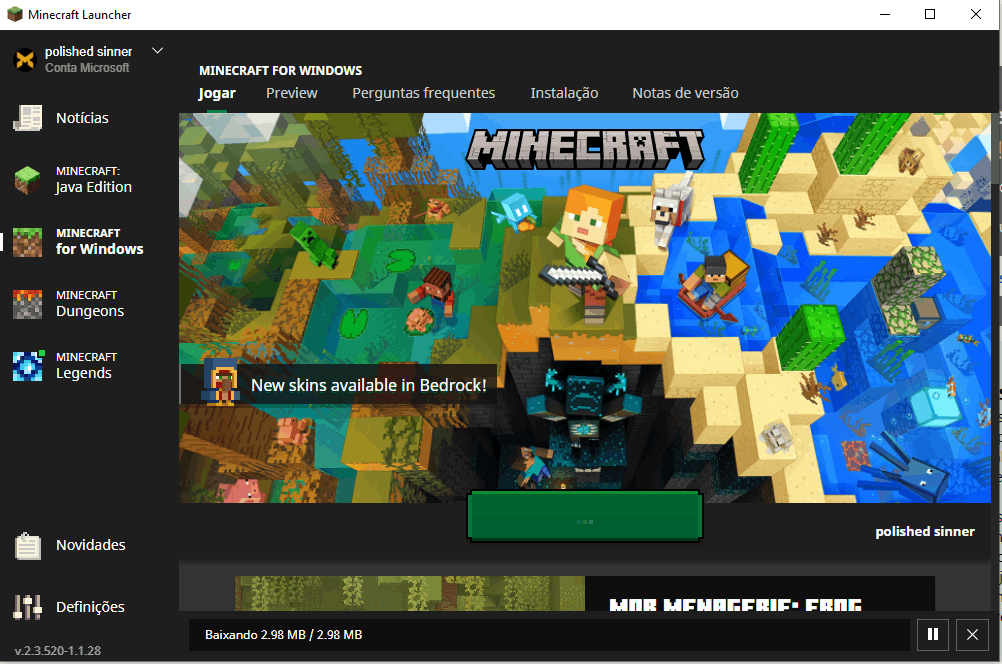 Minecraft Launcher mostra botão Jogar demo em vez de Jogar