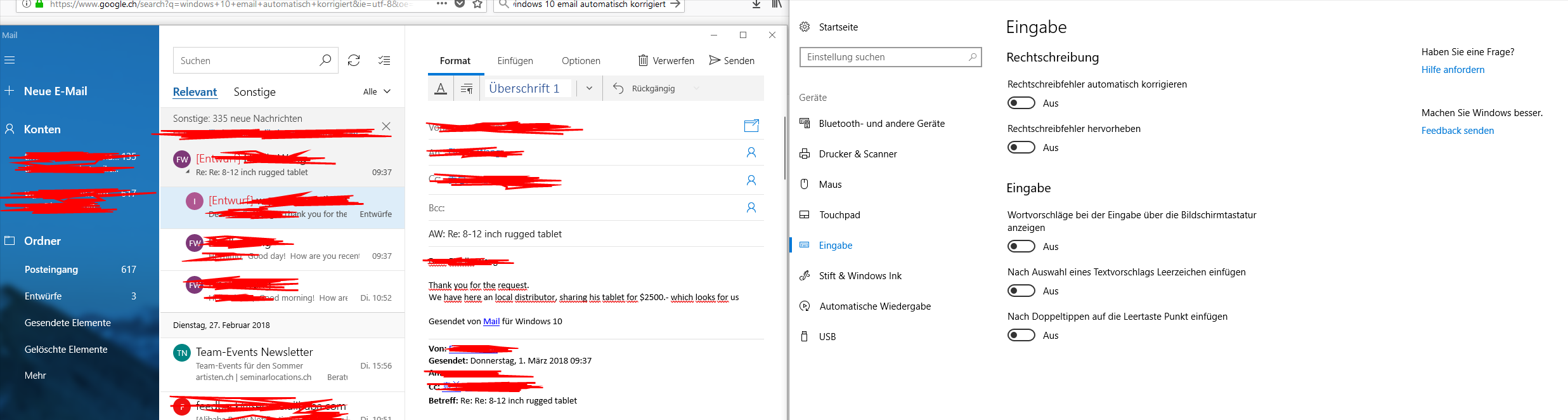 Windows Mail korrigiert Text obwohl Windows 10 Einstellung das verbietet